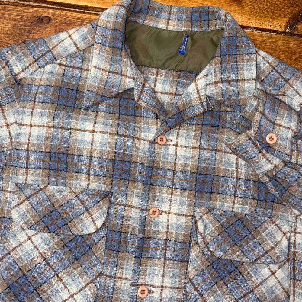 Vintage Pendleton Wool Flannel Board Shirt Men *Large Blue Brown Plaid 1970s SEE